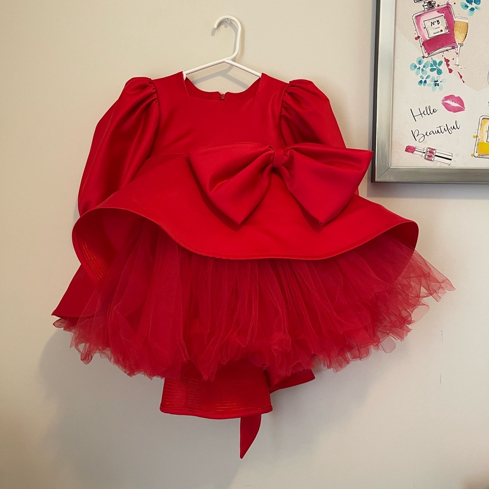 Practically New: Costume made Elegant Red Dress with Bow size 2-4y
